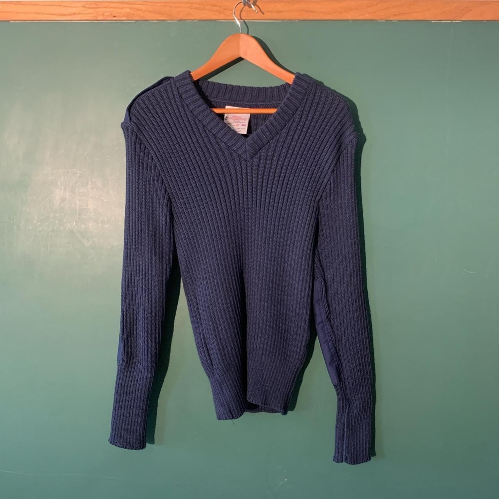 Brigade Quartermaster Vintage Navy Blue Wool Air Force V Neck Sweater Large